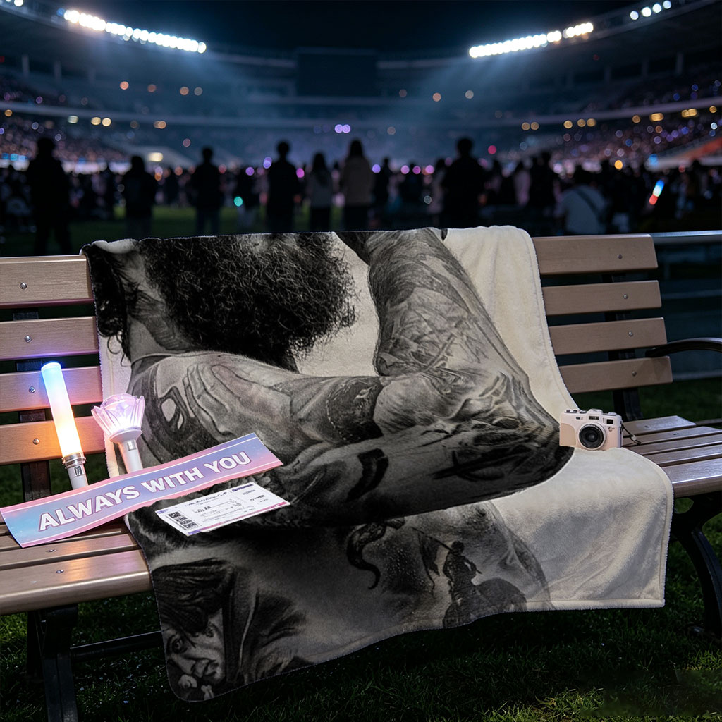 Post Malone Performing on Stage with Tattooed Arms and Beard in Black and White Photo - Blankets