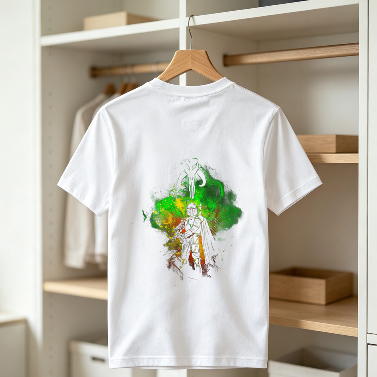 Mandalorian Warrior with Boba Fett Helmet and Green Energy Background - Tee