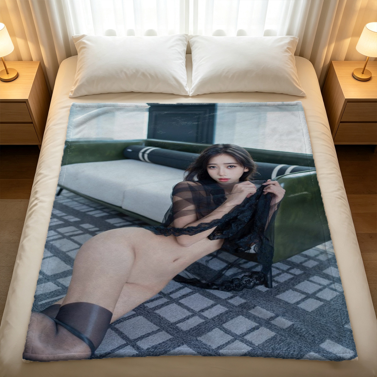 Nude Brunette on Bed Looking Back - Blanket
