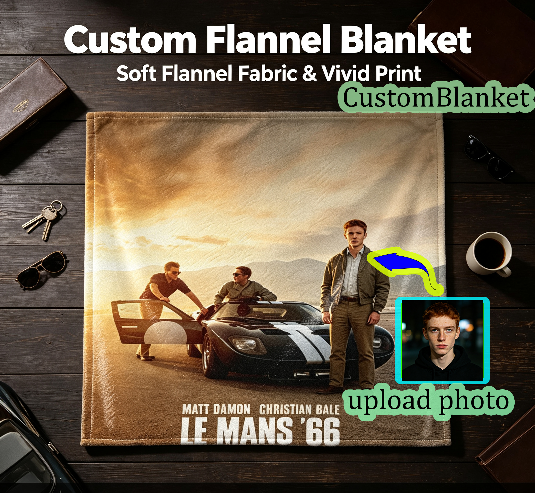 Custom Face Blanket Featuring Le Mans '66 Movie Characters Matt Damon and Christian Bale Flannel Blanket for Car Enthusiasts and Movie Fans Perfect Gift or Giveaway Item