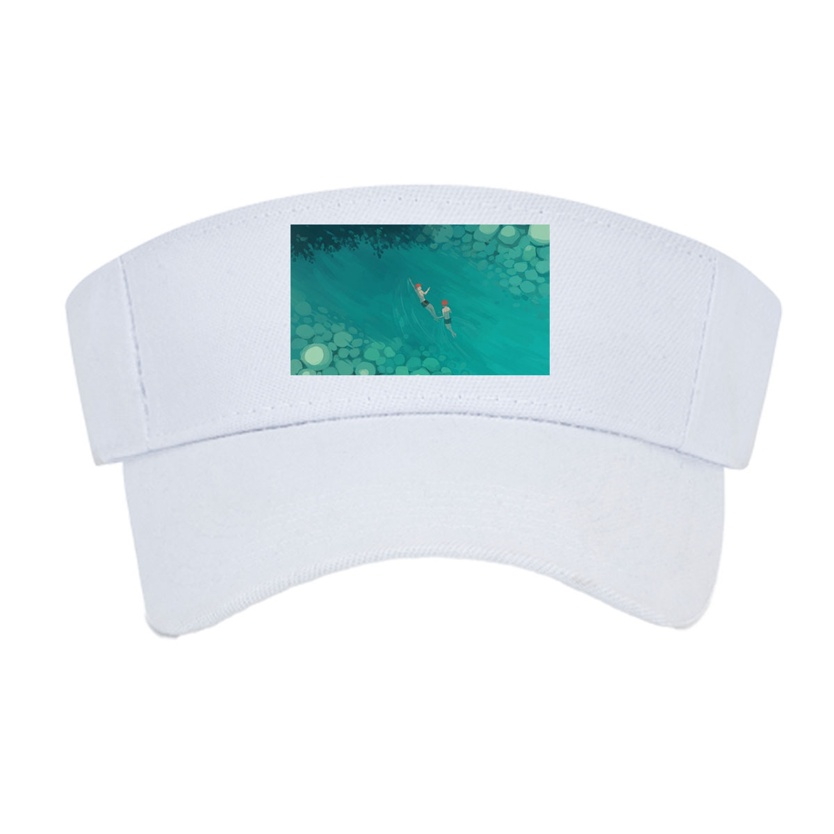 Two swimmers glide through a serene, rocky underwater tunnel. -  Visor cap