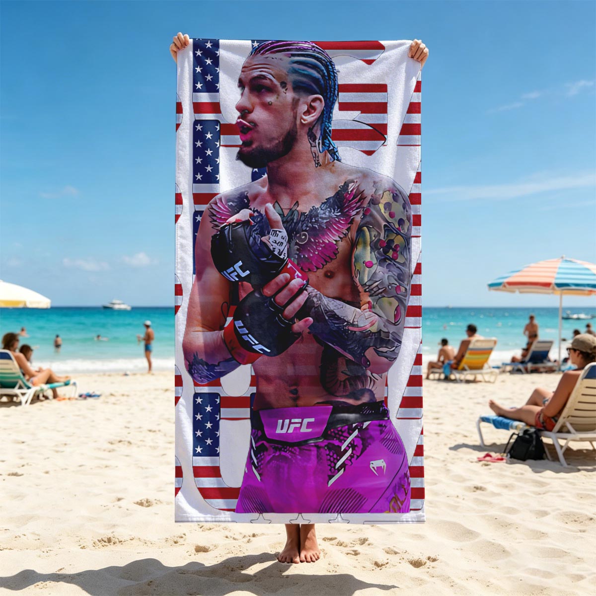 Sean O'Malley in UFC Gear with American Flag Design Background - Beach towels