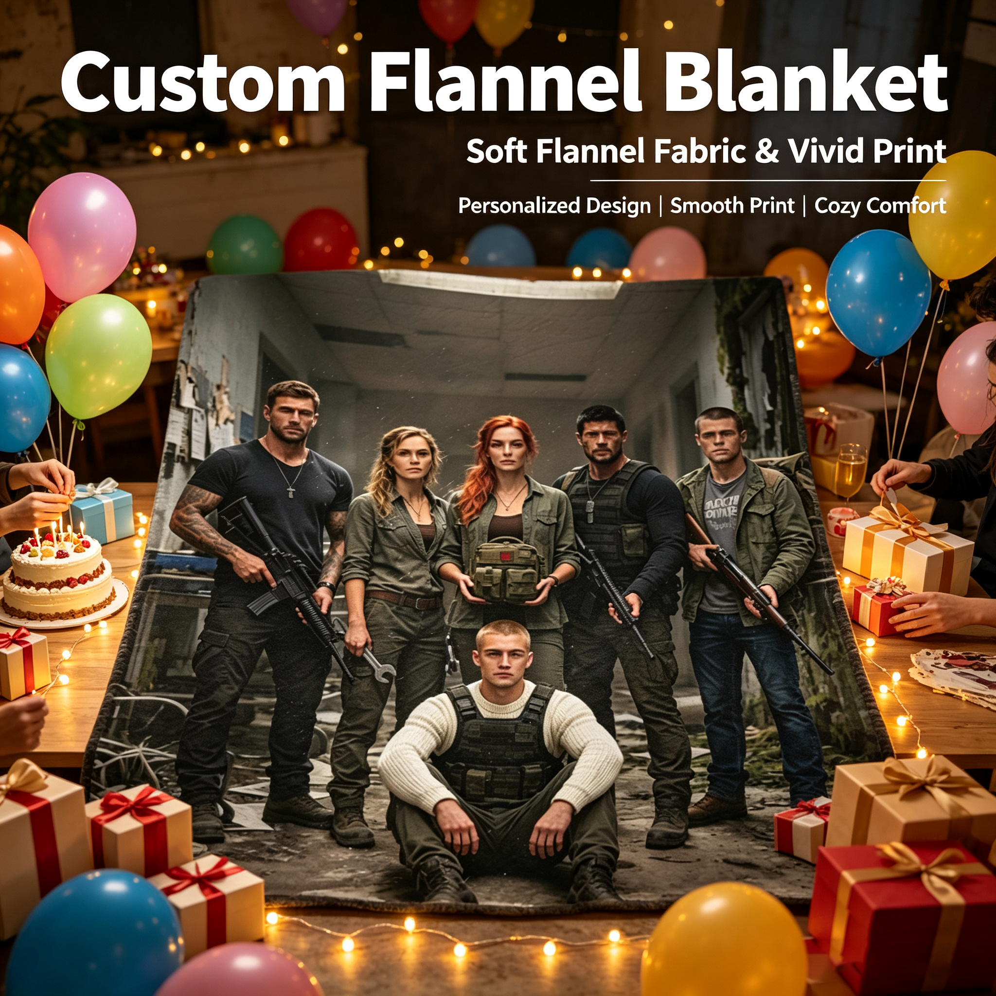 Custom Face Blanket - Post-Apocalyptic Survival Team Portrait Flannel Blanket - Perfect for Couch, Bed, or Camping - Ideal Gift for Fans of Dystopian Series and Action Movies