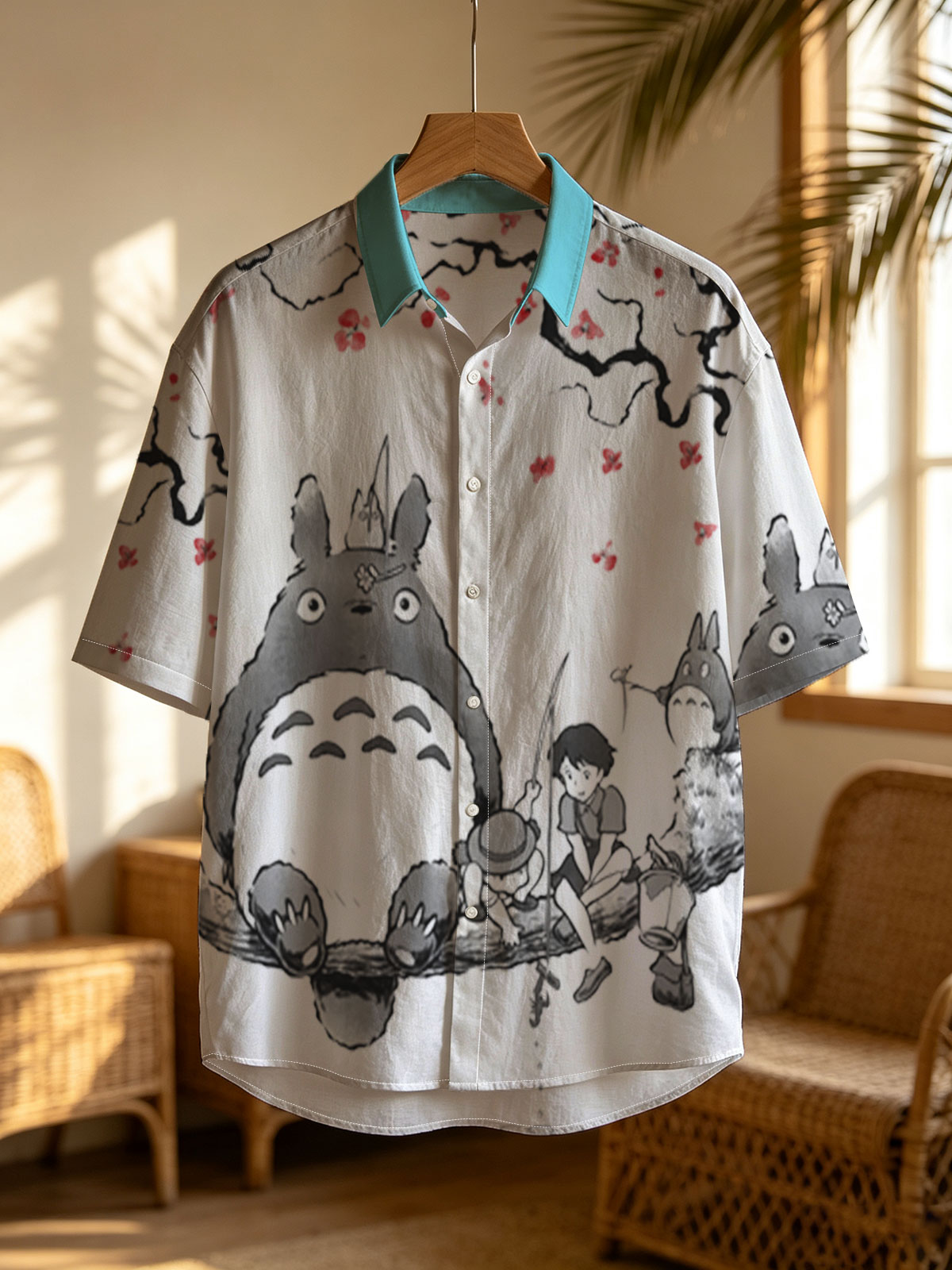 Totoro, Mei, and Satsuki Fishing Under Cherry Blossoms -  Shirt