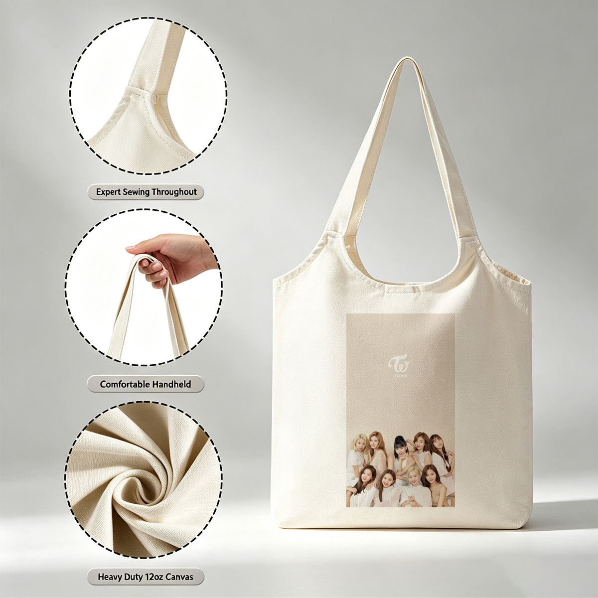 TWICE Group Photo in White Outfits on Beige Background - Canvas shoulder bags/