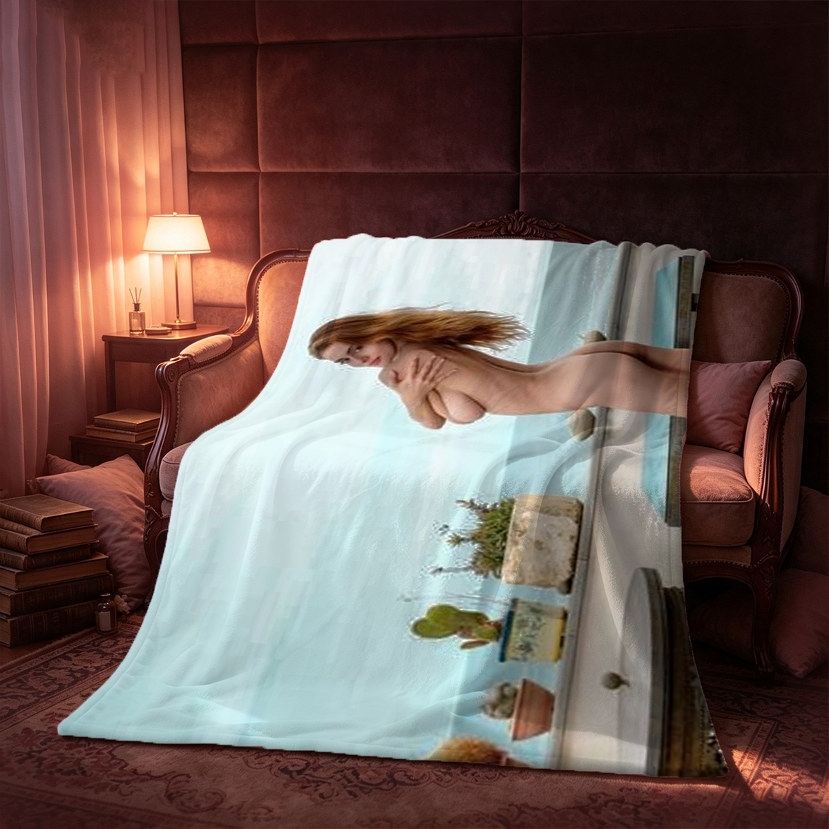 Blonde Woman in Teal Lace Lingerie Kneeling on Bed with Breakfast Tray - Blanket