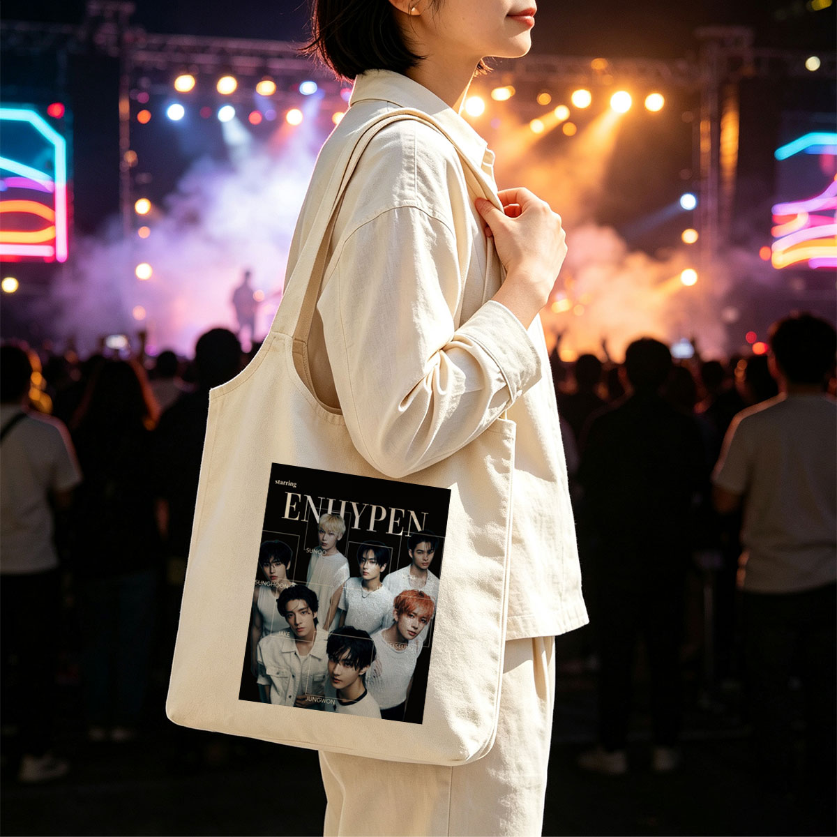 ENHYPEN in a striking black-and-white group portrait featuring all members in minimalist white outfits with individual name labels against a dark background - Canvas shoulder bags/