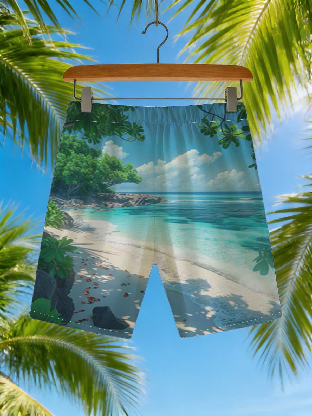 Tropical Beach with Crystal Clear Water and Lush Greenery -  Beach shorts