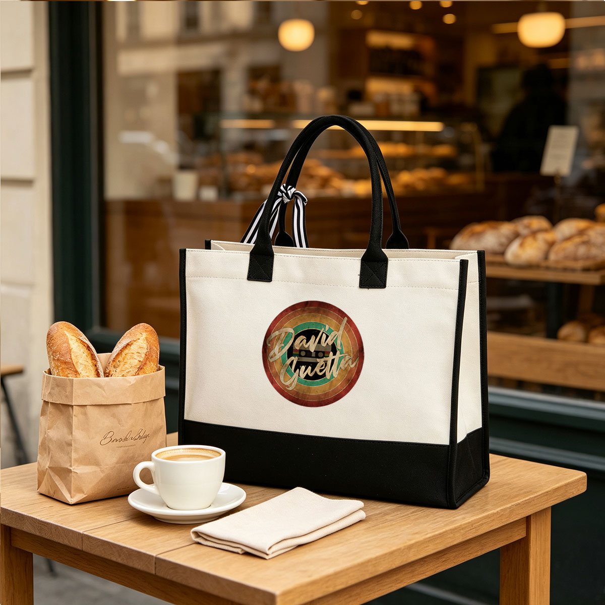 David Guetta Logo with Retro Vinyl Design - Canvas patchwork gift tote bag