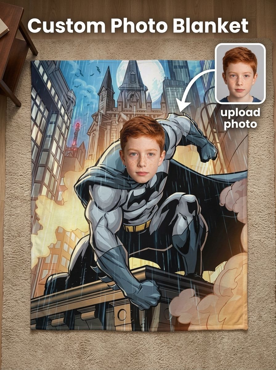 Personalized Superhero Photo Face Blanket Ultra Soft Flannel Fleece Throw Custom Novelty Gift for Kids and Family