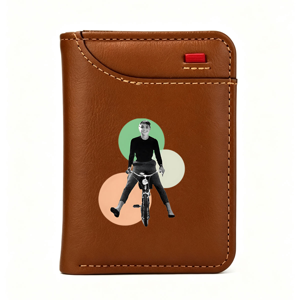 Woman Riding Bicycle with Colorful Circles Background - Vertical Style Wallet
