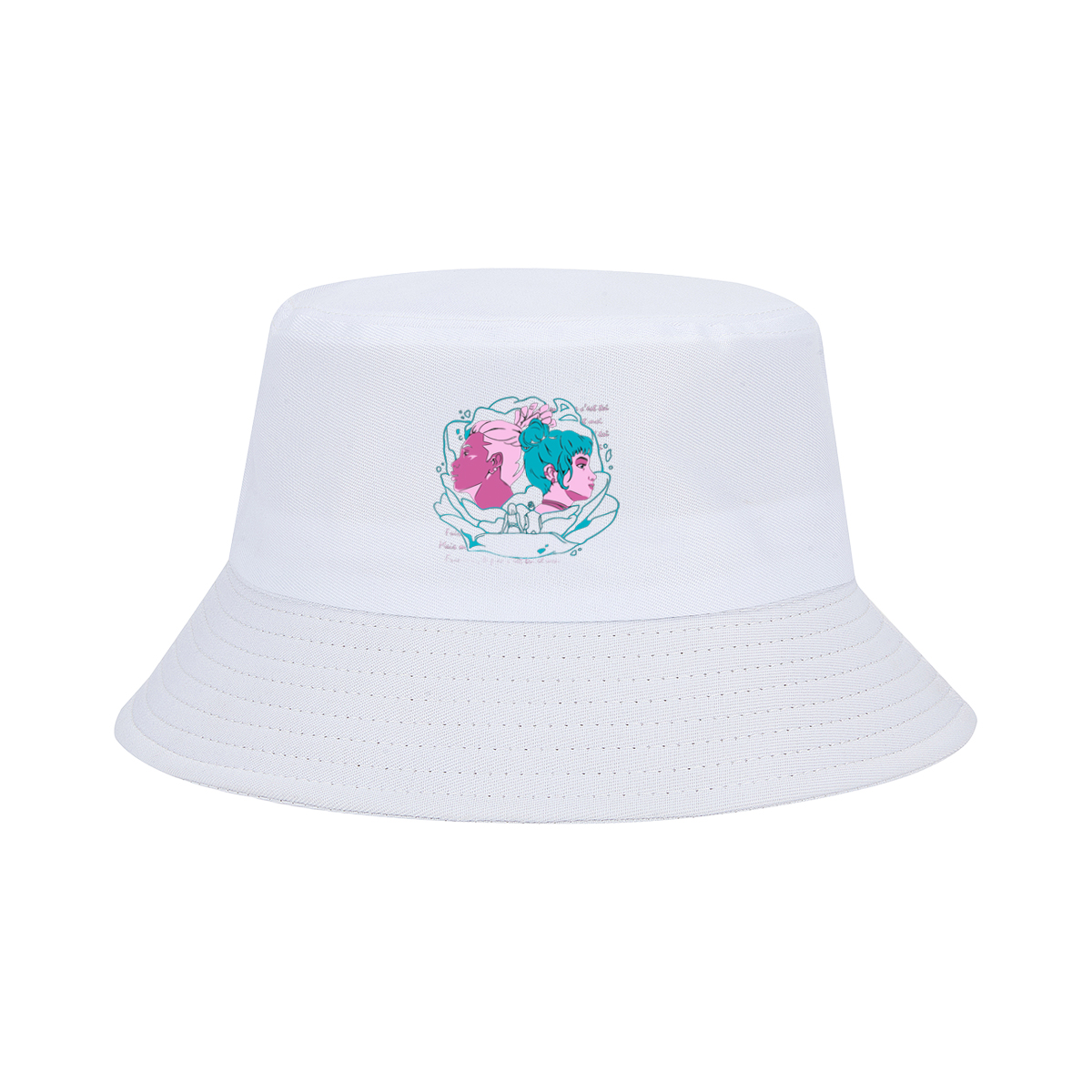 Two Women in Profile: A Stylized Artwork Featuring Pink and Teal Hair with French Text - Fisherman's Hat