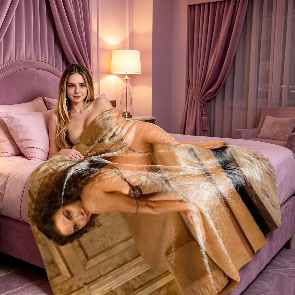 Emma Watson in a blue satin dress sitting on a leather couch. - Blanket
