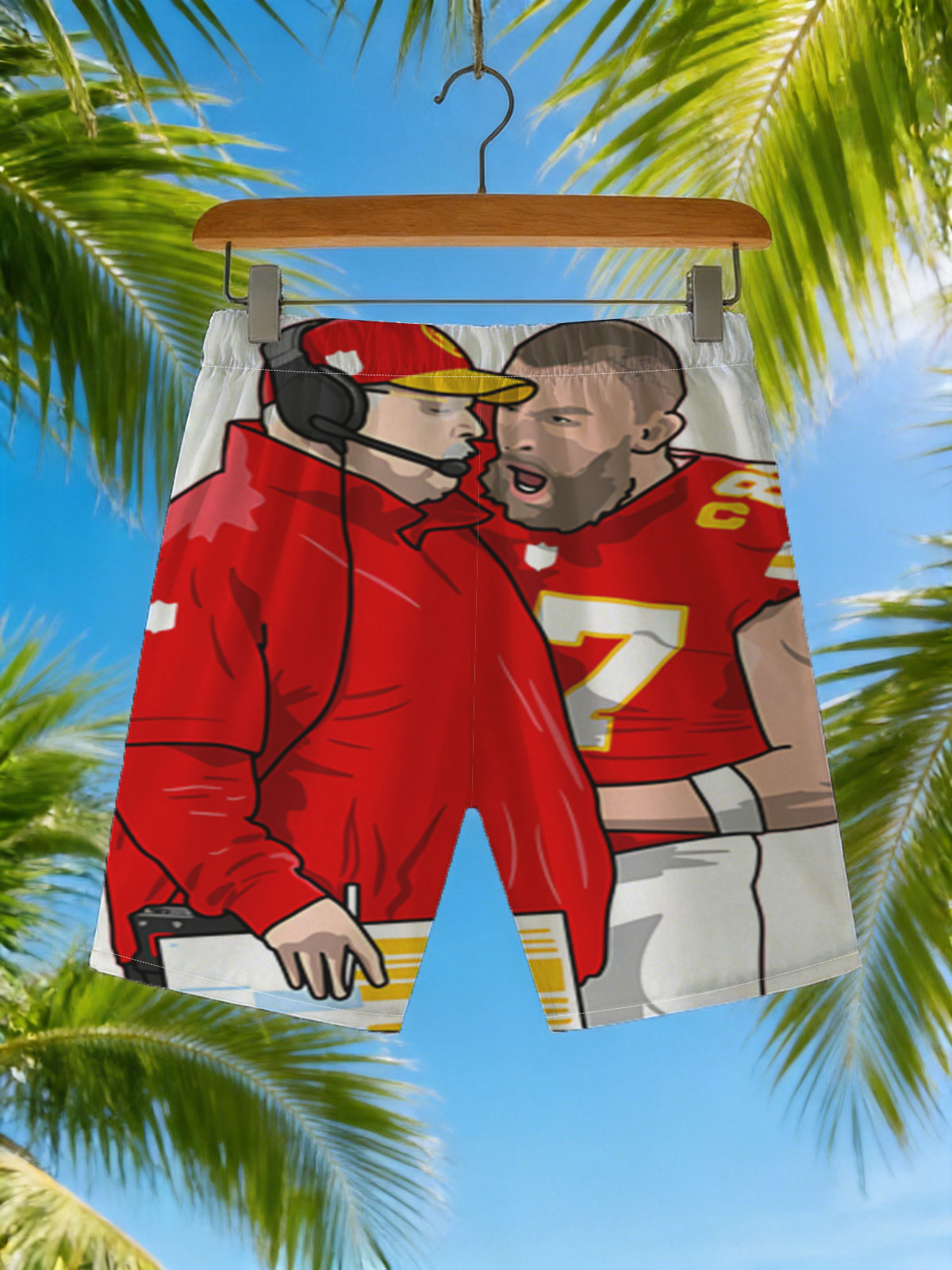 Andy Reid and Patrick Mahomes in Kansas City Chiefs Uniforms -  Beach shorts