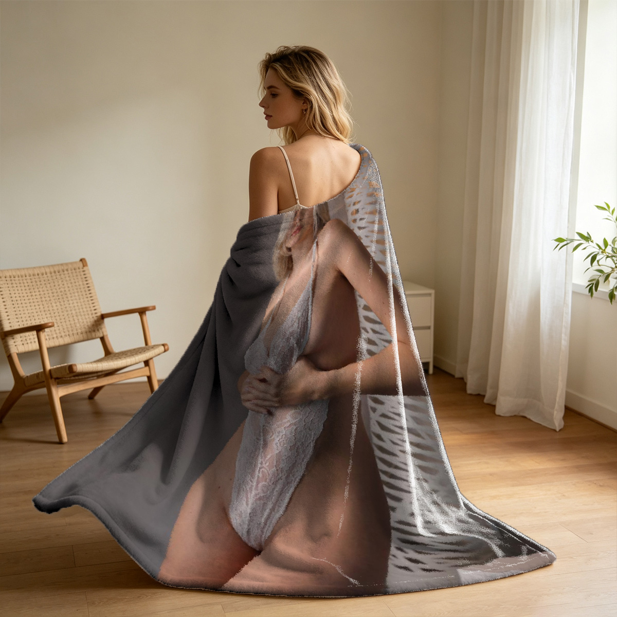Woman in snakeskin bikini posing seductively against grey wall. - Blanket