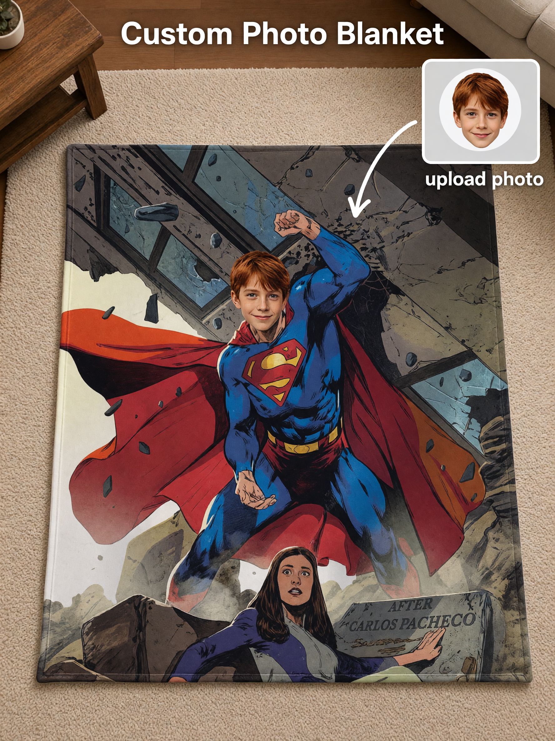 Custom Photo Superhero Flannel Fleece Blanket, Personalized Comic Character Face Throw for Kids and Adults