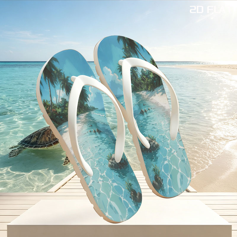 Serene Tropical Beach with Palm Trees and Crystal Clear Water -  flip-flops