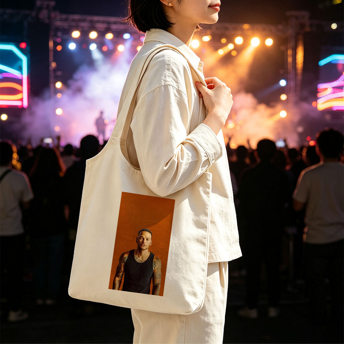 Liam Payne Standing in Black Tank Top with Visible Tattoos Against Orange Background - Canvas shoulder bags/