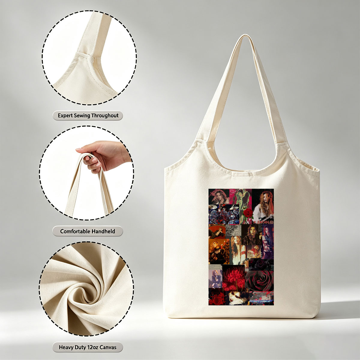 X Japan Band Members in Dramatic Performance and Artistic Portraits Featuring Red Roses and Gothic Imagery - Canvas shoulder bags/