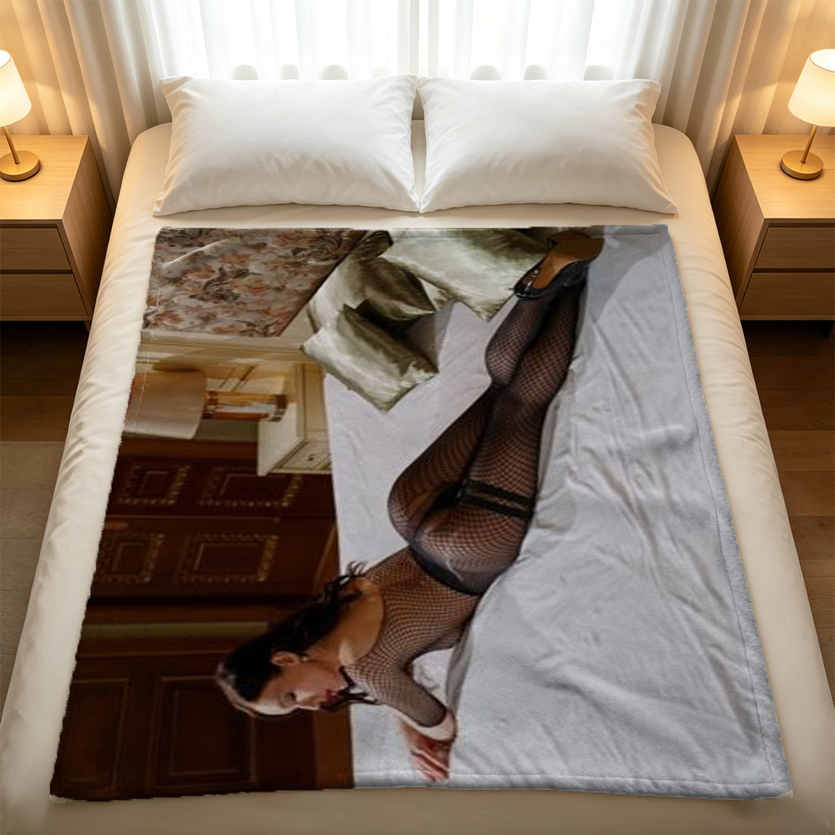 Blonde Woman in Unbuttoned White Shirt Lying on Blue Bed - Blanket