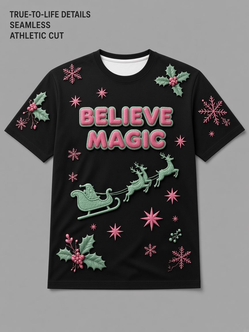 Believe Magic Christmas 3D Optical Illusion Graphic Tee Breathable Athletic Mesh T-Shirt Casual And Sports Wear