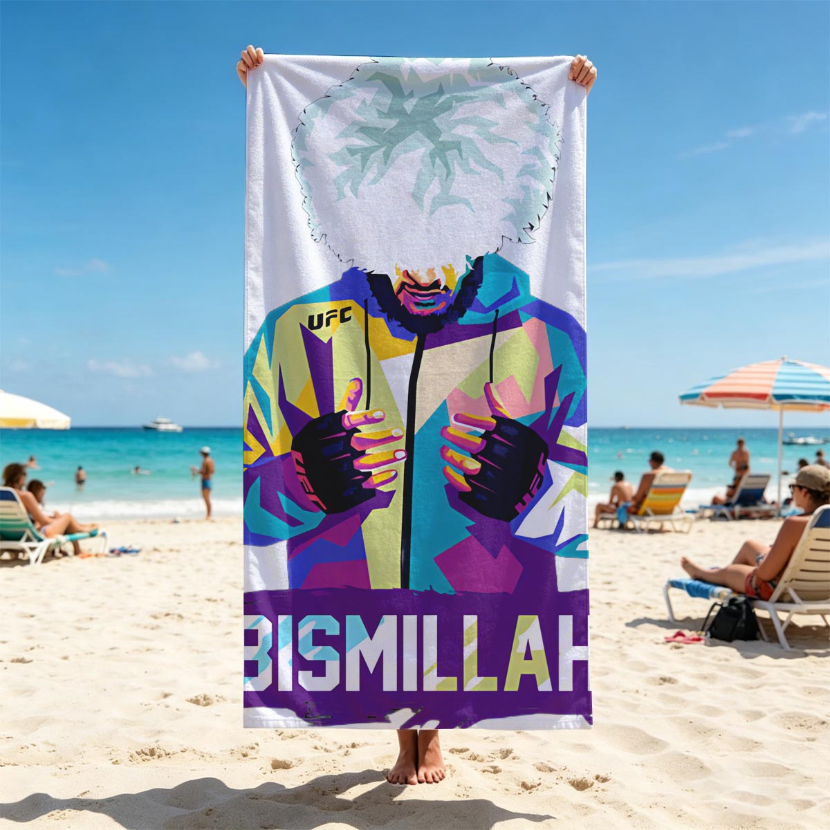 Bismillah: UFC Fighter with Vibrant Jacket and Afro Hairstyle - Beach towels