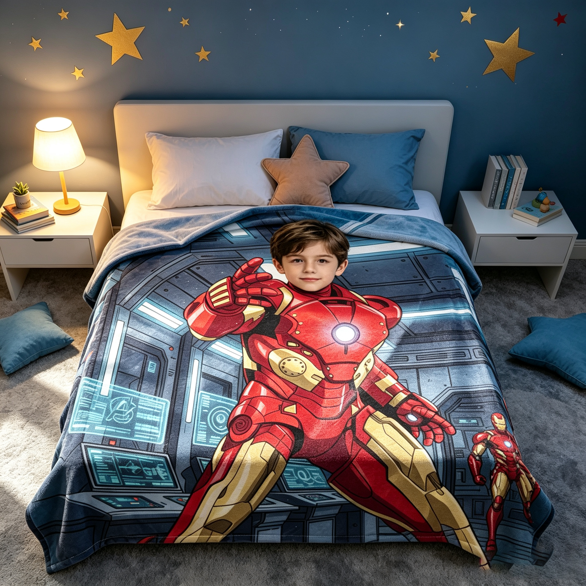 Custom Iron Man Photo Blanket, Personalized Kids Blanket Upload Photo, 280g Thick Flannel Throw Blanket, Superhero Custom Portrait Blanket, Birthday Holiday Gift for Boys