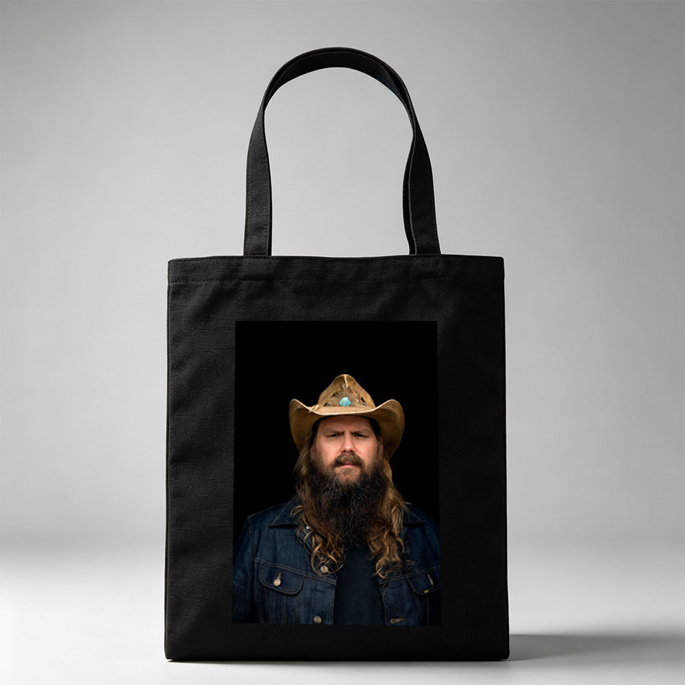 Chris Stapleton in Cowboy Hat and Denim Jacket with Long Beard on Black Background - Canvas tote bags