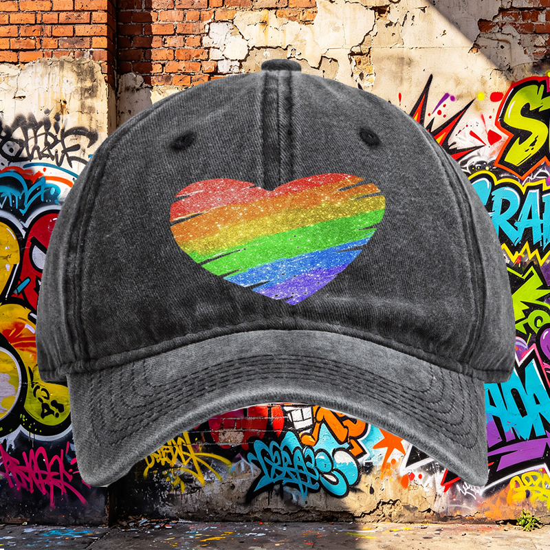 Unisex Classic Washed Cap with Rainbow Heart Glitter Print - Perfect for Pride Events, Casual Outings, and Everyday Wear - Ideal for Adults Seeking Vibrant, Comfortable Headwear with LGBTQ+ Inspired Design