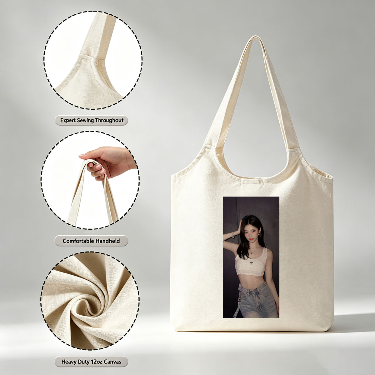 Korean Celebrity in Casual Outfit Wearing White Adidas Crop Top and High-Waisted Jeans Against Dark Background - Canvas shoulder bags/