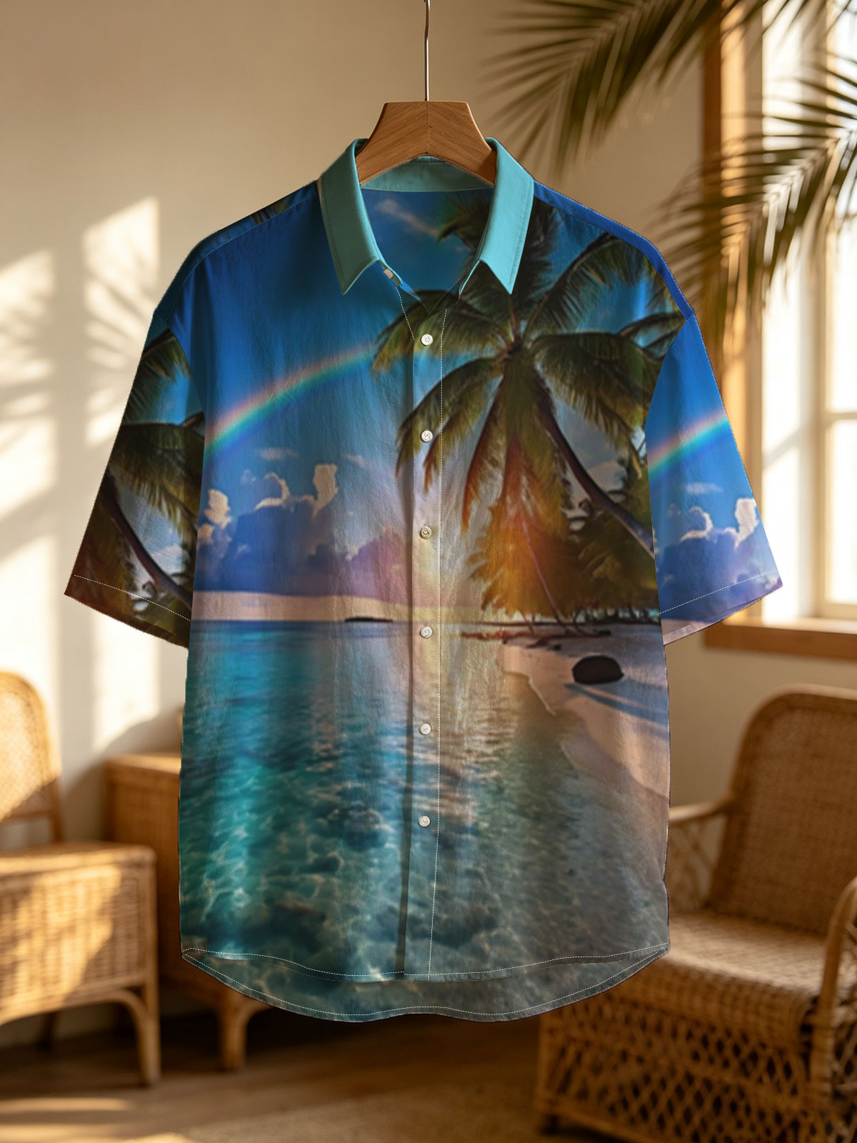 Tropical Beach with Rainbow and Palm Trees at Sunset -  Shirt