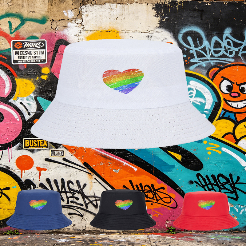 Unisex Classic Bucket Hat with Rainbow Heart Glitter Print - Perfect for Pride Events, Outdoor Activities, and Everyday Wear - Ideal for Adults Seeking Fashionable and Comfortable Sun Protection