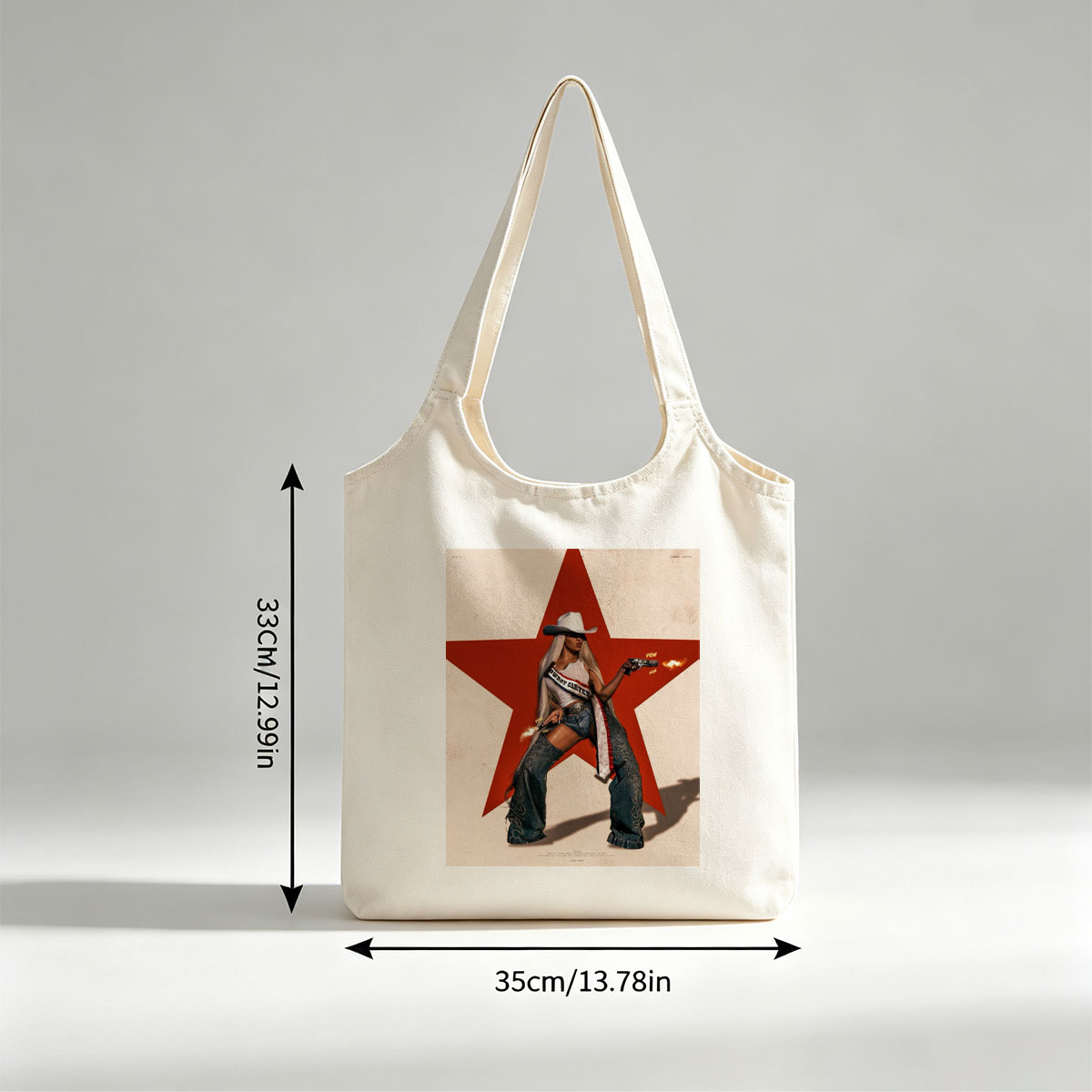 Cardi B in Cowboy Outfit Holding Guns Against Red Star Background - Canvas shoulder bags/