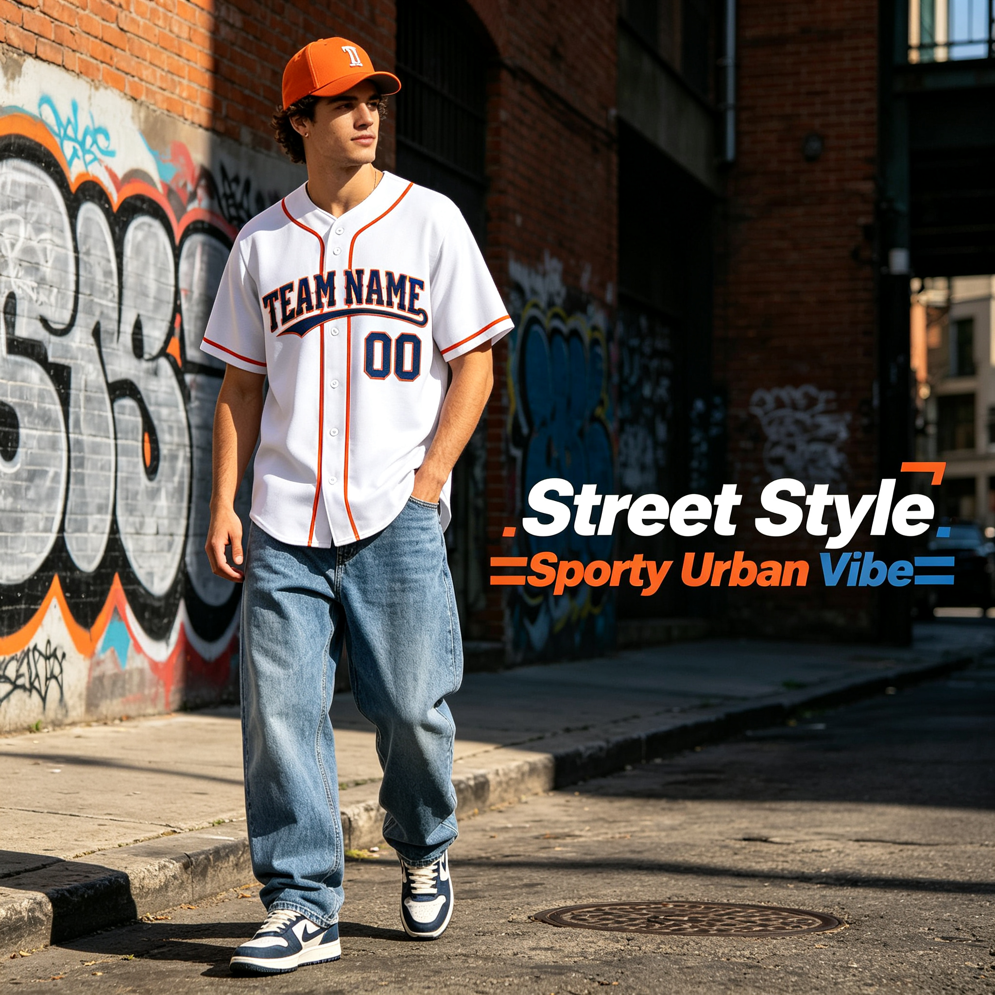 aCustom Printed Houston Space City Style Baseball Jersey White Orange Piping Button Down Shirt for Men and Women
