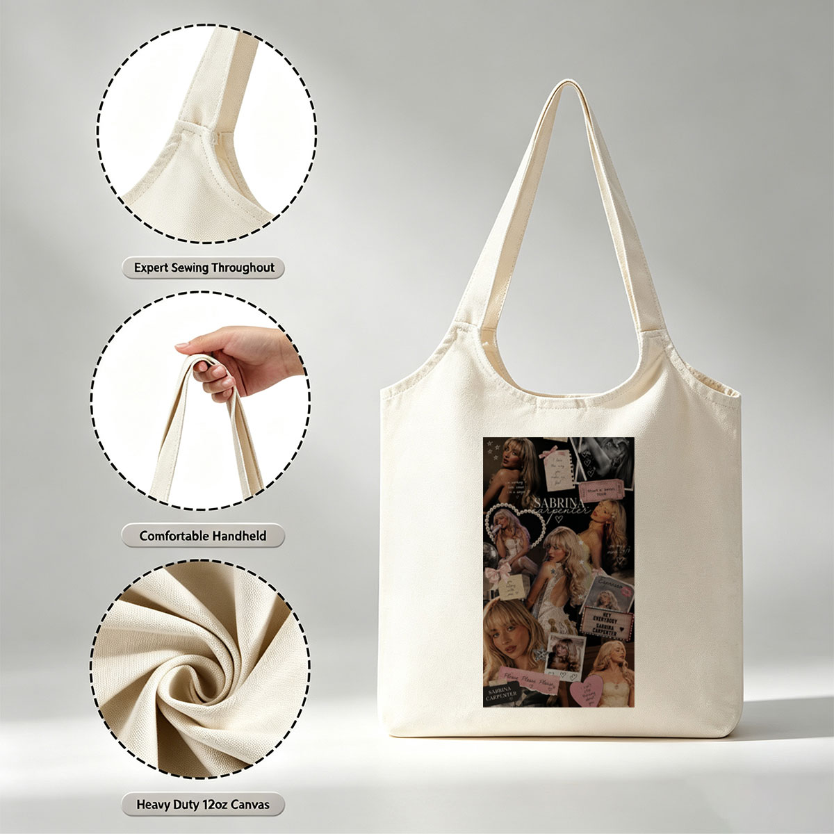 Sabrina Carpenter Collage - Aesthetic Photo Montage Featuring Concert Tour and Romantic Themes - Canvas shoulder bags/