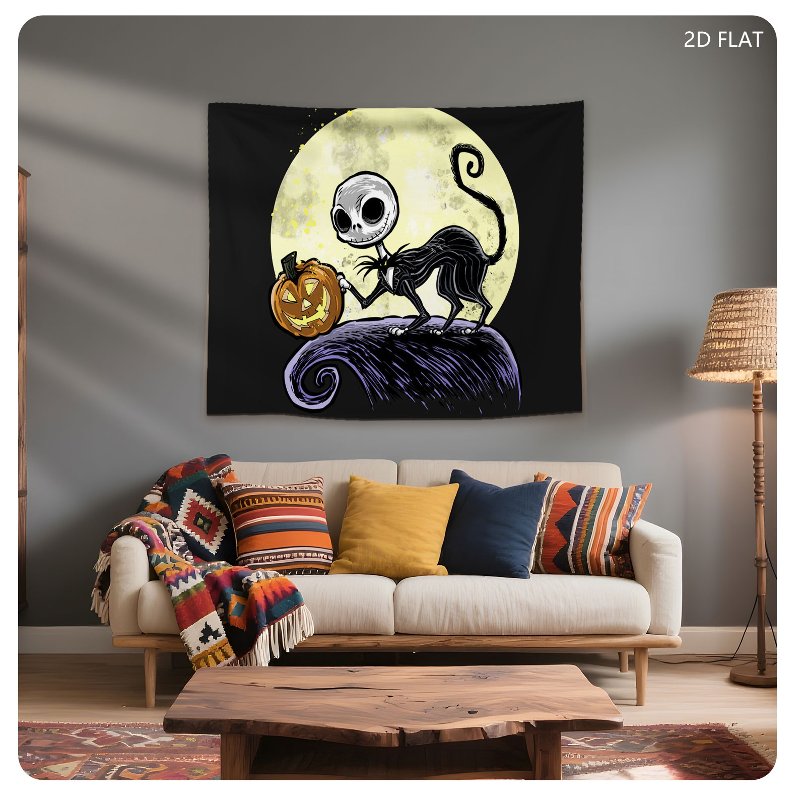 Jack Skellington from The Nightmare Before Christmas holding a pumpkin against a full moon - Tapestry