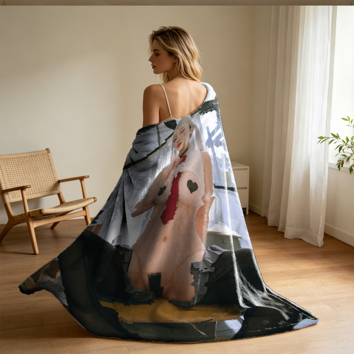Shakira in white off-shoulder shirt pulling down blue panties on bed - Blanket