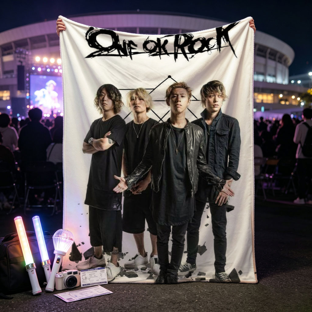 One Ok Rock Band Members Standing Together in Edgy Fashion with Broken Glass on White Background - Blankets