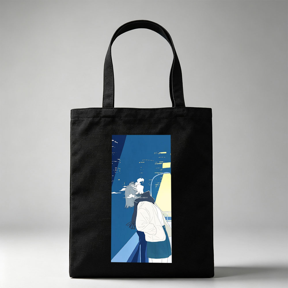 Anime Character in Winter Coat Breathing Steam Against City Night Sky - Canvas tote bags