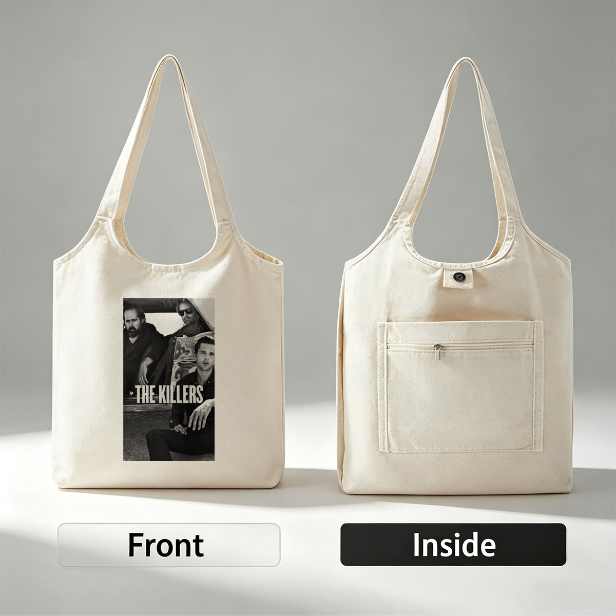 The Killers Band Members in a Vintage Car Black and White Photo - Canvas shoulder bags/