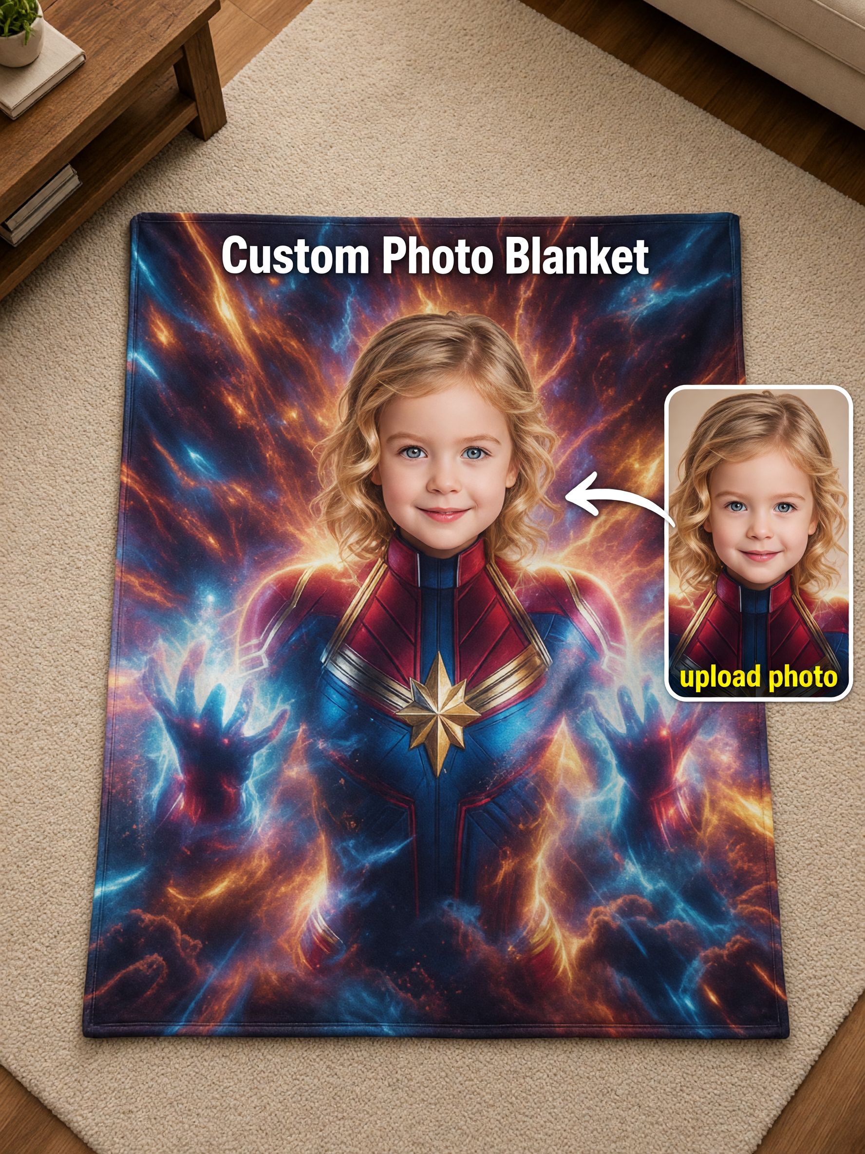 Custom Face Superhero Flannel Blanket, Personalized Photo Cosmic Hero Soft Plush Throw Blanket for Kids and Family Gift