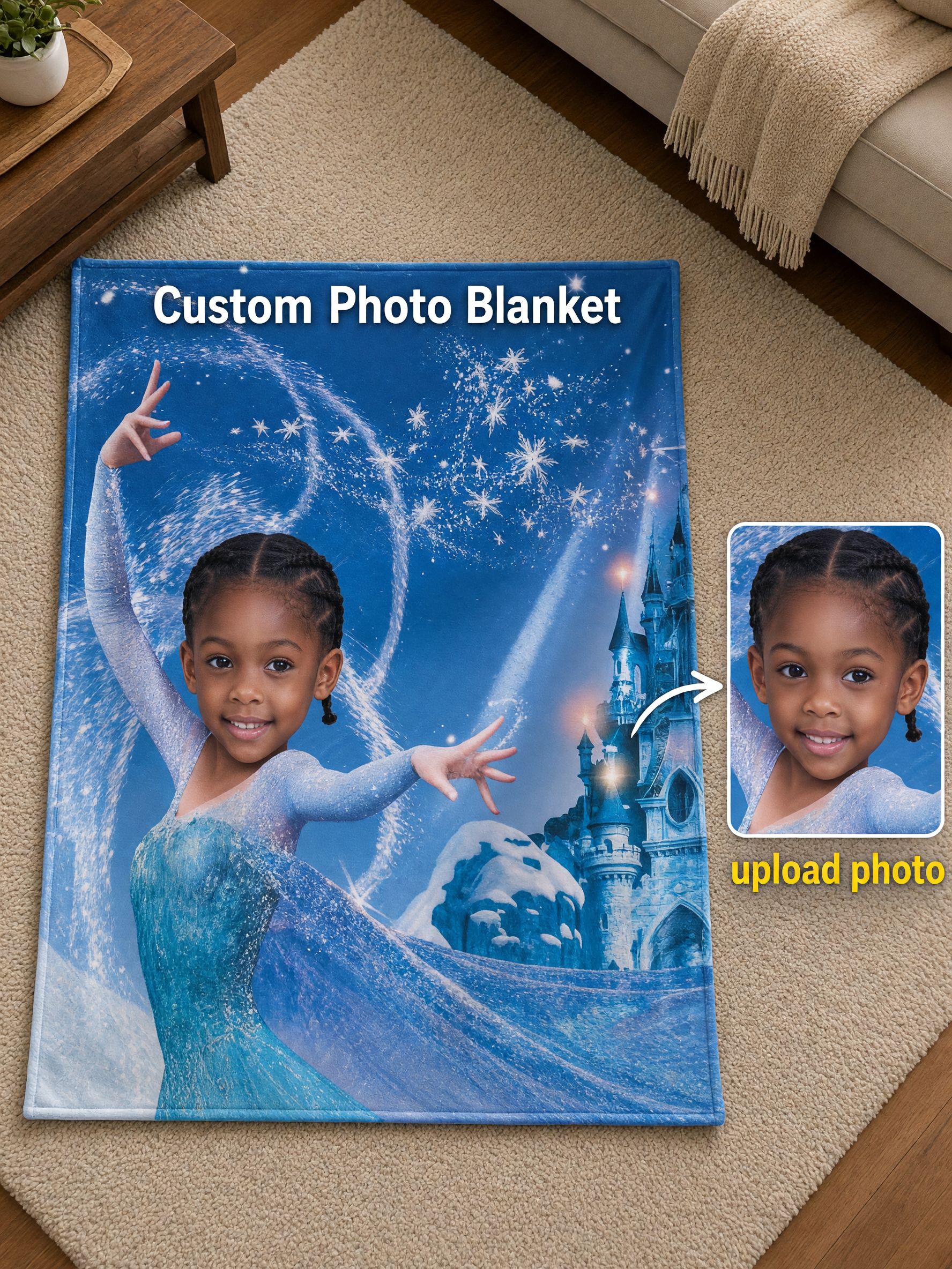 Custom Face Blanket Personalized Ice Princess Flannel Fleece Throw Blanket Ideal Cozy Gift for Girls Kids Bed and Sofa