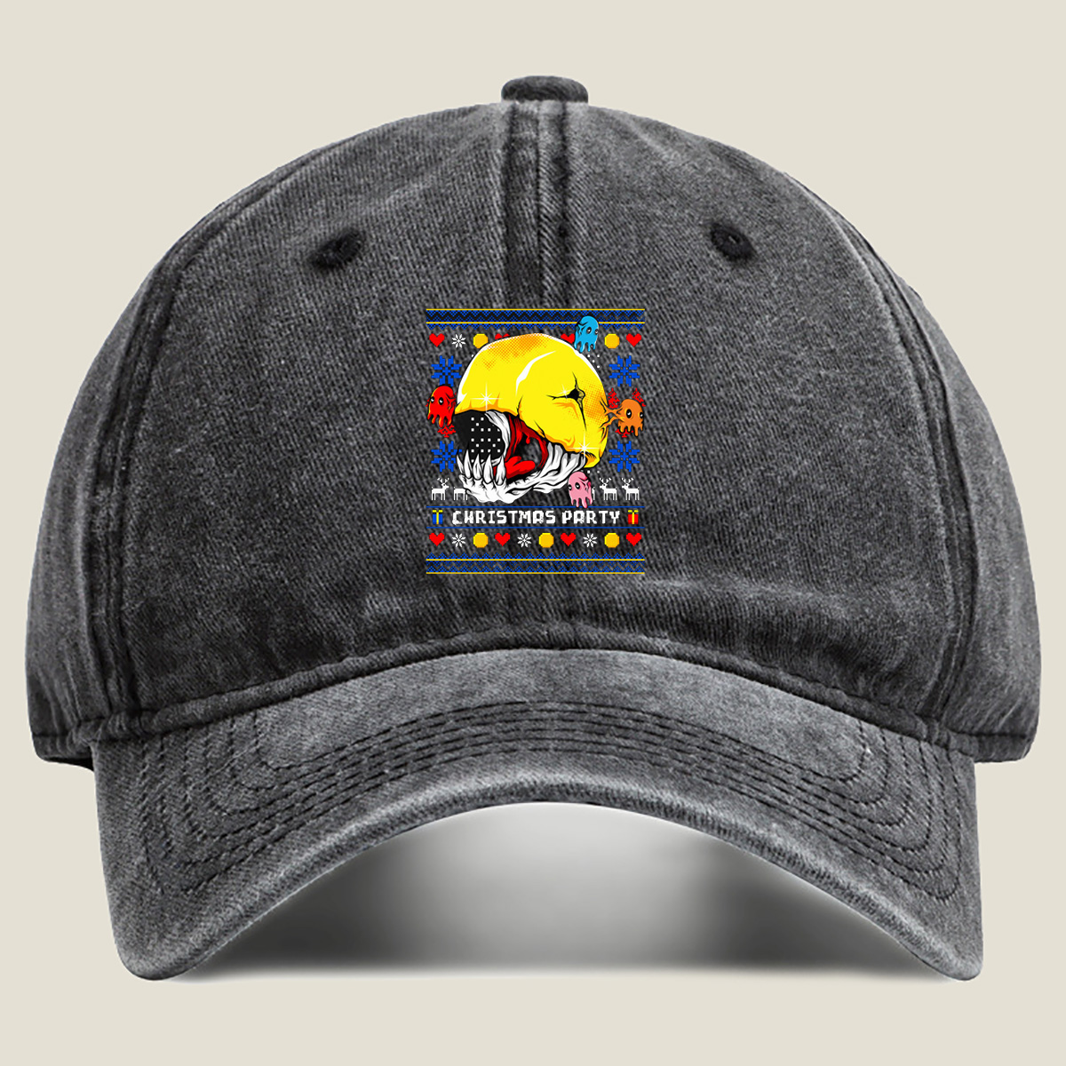 Pac-Man Christmas Party with Ghosts - Washed Denim - Baseball Cap