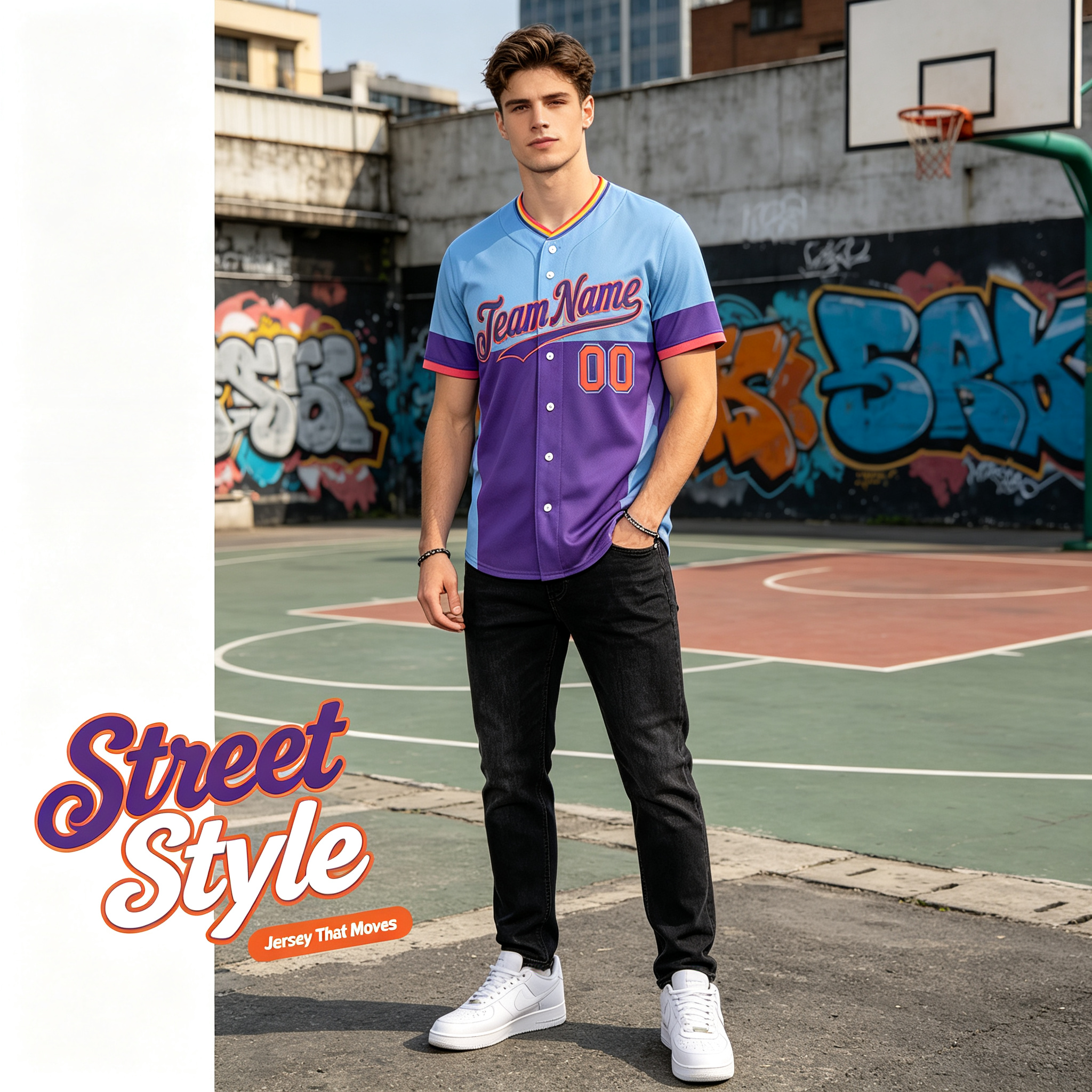 Custom Printed Denver Mountain Style Baseball Jersey Light Blue Purple Color Block Pullover V Neck Shirt for Men and Women