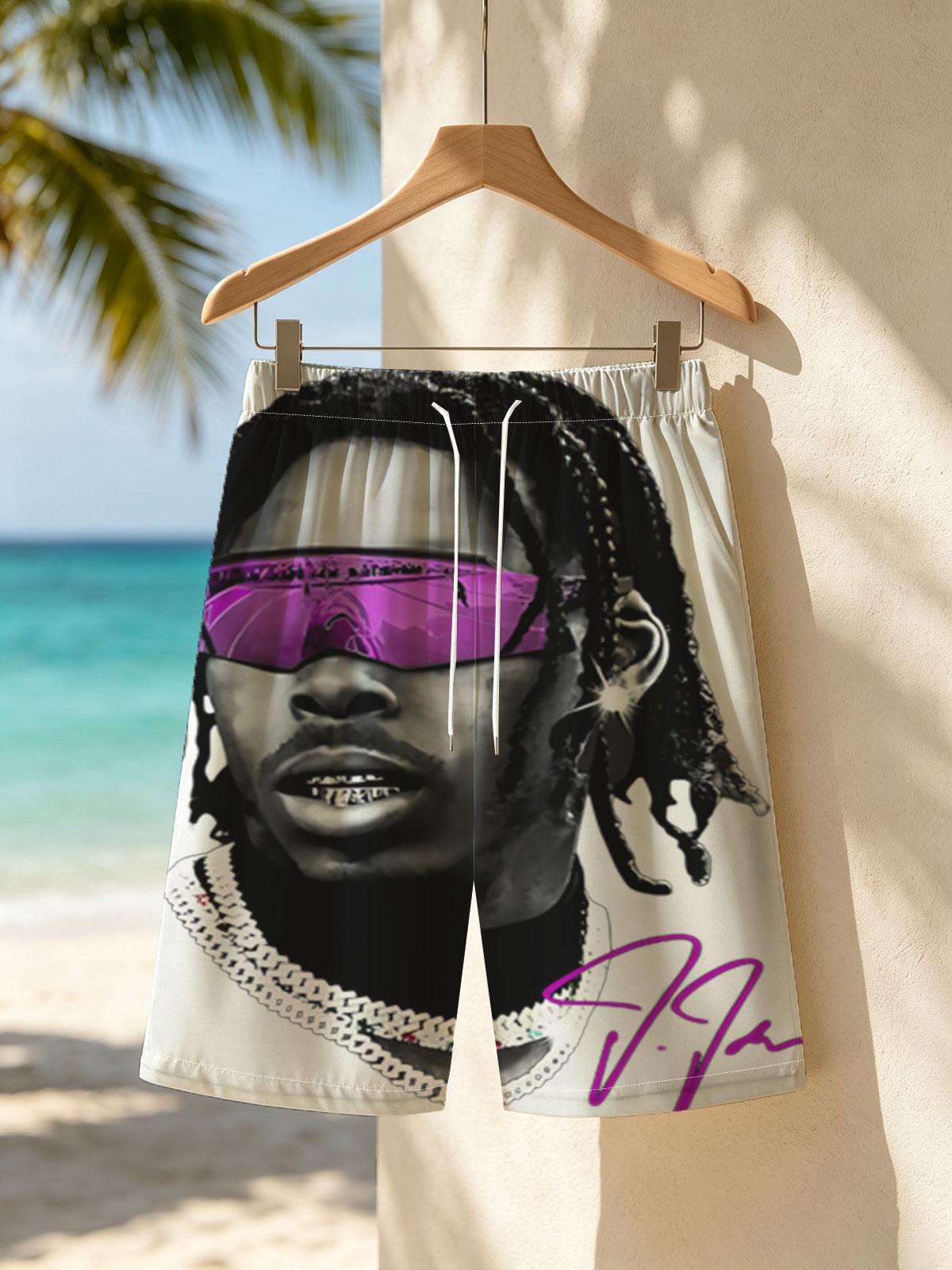 Lil Durk in Purple Sunglasses and Chain Necklace -  Beach shorts