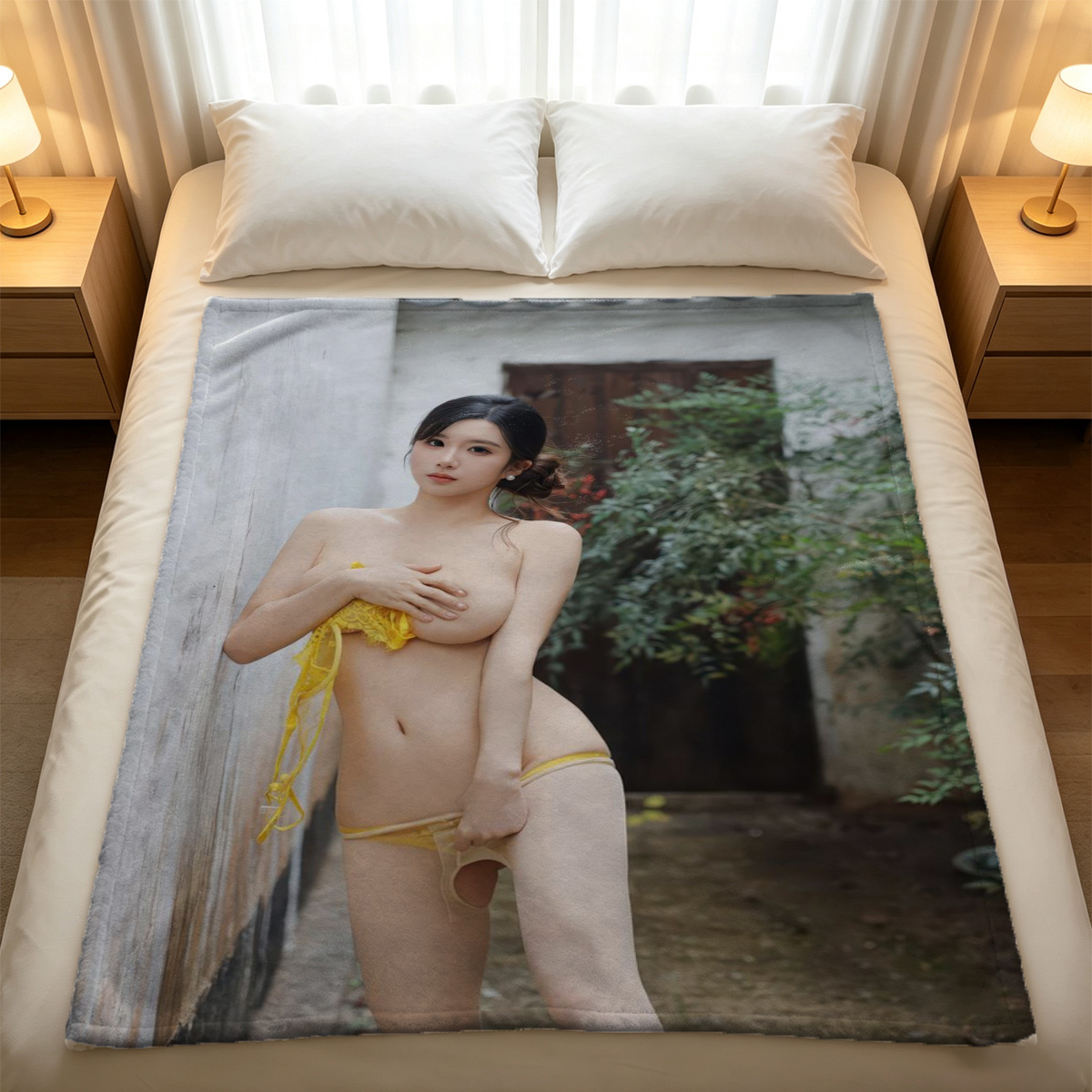 A woman in a wet peach lingerie set pulling down her panties while sitting by the pool. - Blanket