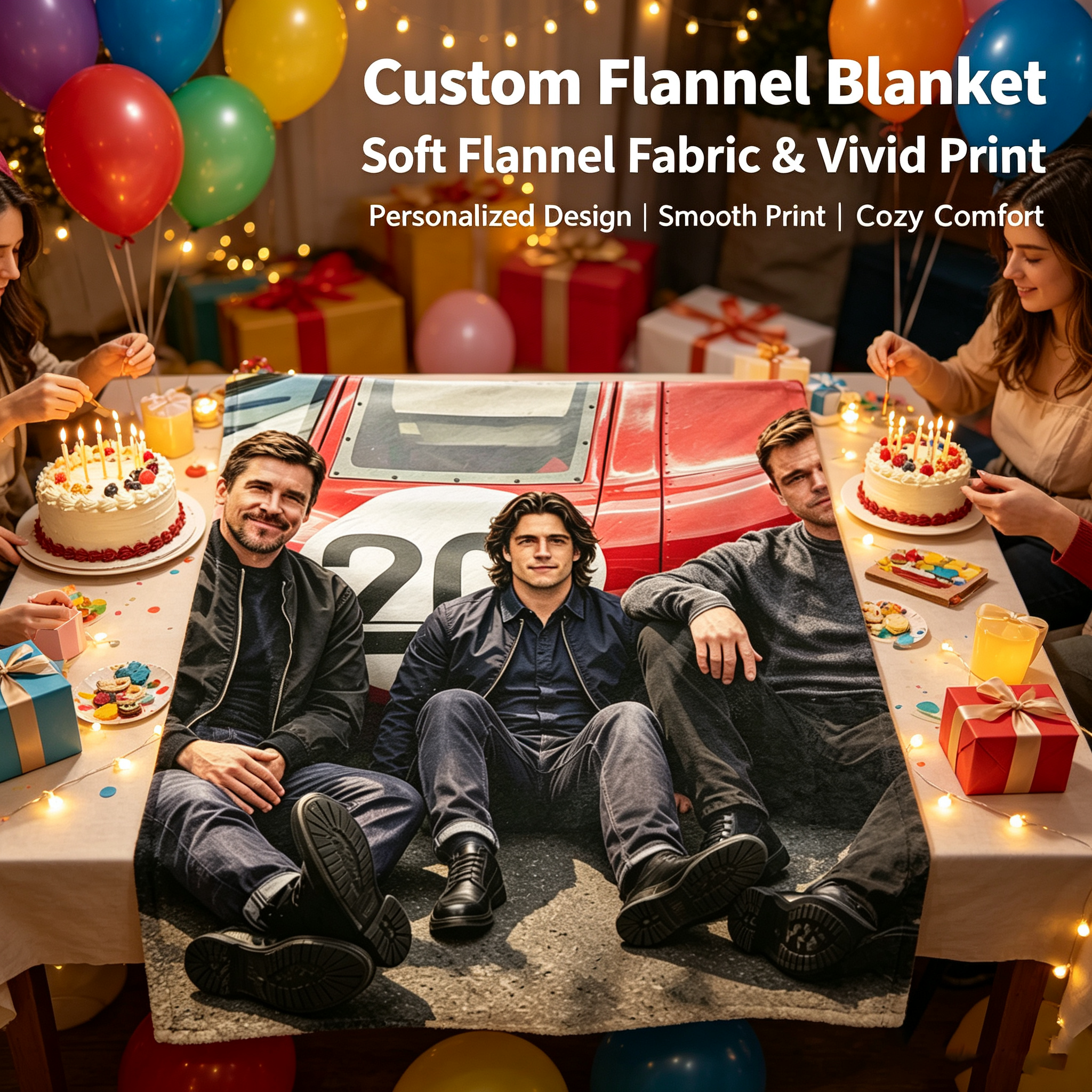 Custom Face Blanket Featuring Three Men in Front of Red Race Car Flannel Blanket Perfect for Home Decor or Cozy Nights Ideal Gift for Car Enthusiasts or Friends