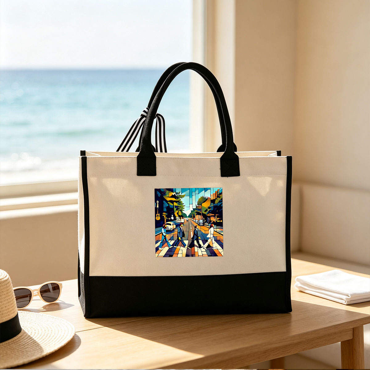 The Beatles Crossing the Street in a Vibrant, Stylized Cityscape - Canvas patchwork gift tote bag