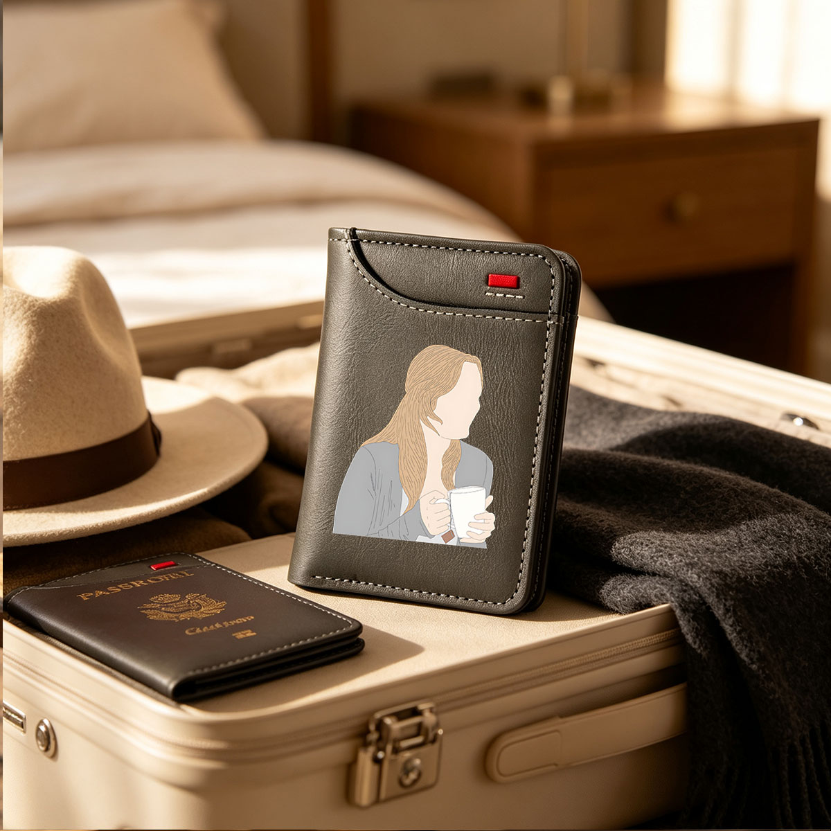 Woman with Long Blonde Hair Holding a Tea Cup - Vertical Style Wallet