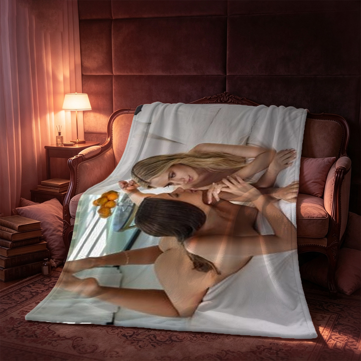 Nude Asian beauty in red thong and sheer black pantyhose seductively reaching forward on bed. - Blanket